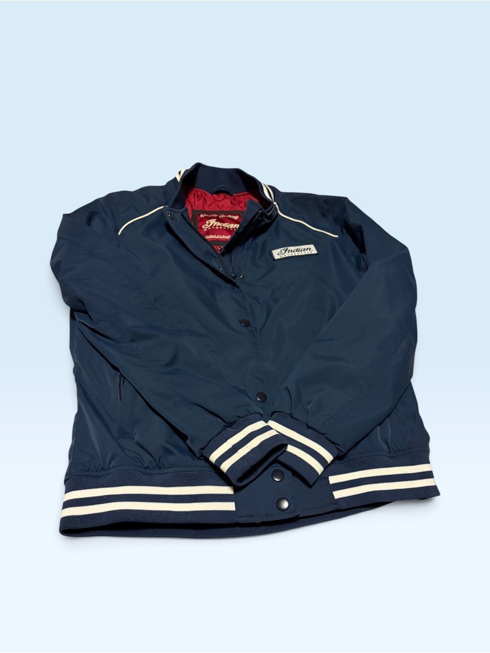 Retro Indian Motorcycle Men’s Navy Bomber Jacket Size M.